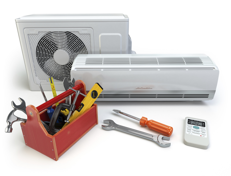 Air conditioner with toolbox and tools. Repair of air-conditioner concept.